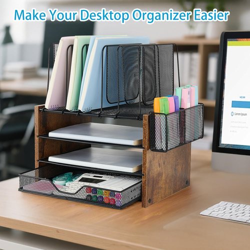 OPNICE Wood Desk Organizers and Accessories, 4-Tier Workspace Desktop Paper Organizer with Drawer, 5 Vertical File Holders and Pen Holder for Office Supplies