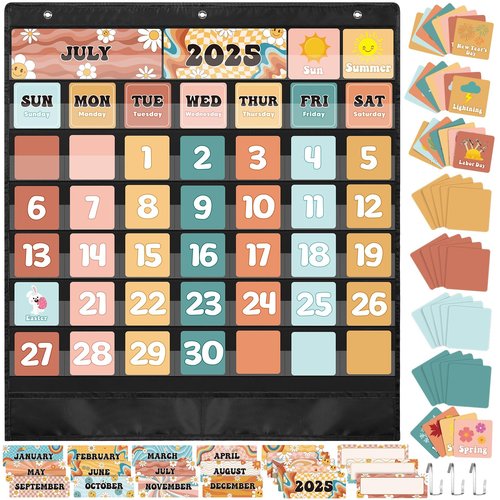 Pasimy Classroom Calendar Pocket Chart Retro Groovy Bulletin Board Set Boho Daisy Seasons Festival Weather Calendar Set for Classroom Decoration Back to School Supplies(Classic)