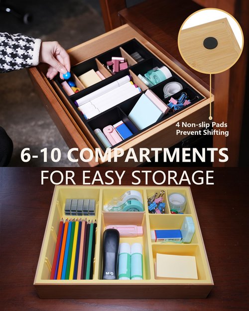 Hitseon Bamboo Desk Drawer Organizer Tray, Silicone Sturdy Junk Drawer Organizer with 10 Adjustable Compartments, Desk Organizers and Accessories with 4 Removable Dividers for Office Home (White)