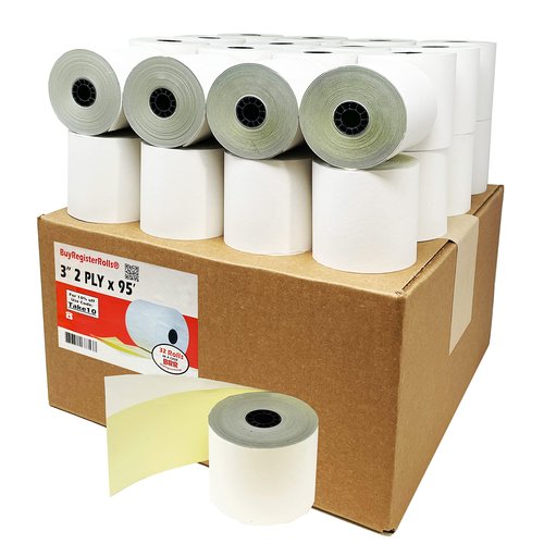 (32 Rolls) 2 Ply Carbonless Rolls 3" X 95 Feet White/Yellow Receipt Paper POS Cash Register Two Ply White/Canary for Star Micronics SP700 SP2000 UP389 Omni 480 TMU 220 250 Require Ribbons ERC30/34/38