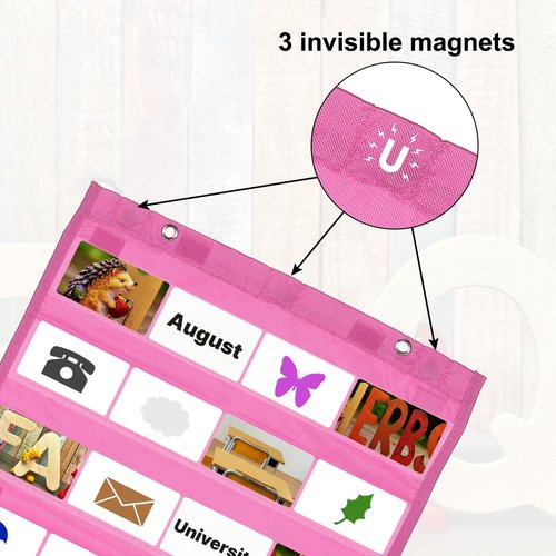 PATIKIL Magnetic Pocket Chart, Small Pocket Chart Mini Double Sided Classroom Pocket Chart Organizer Wall Hanging for Classroom Supplies, Pink