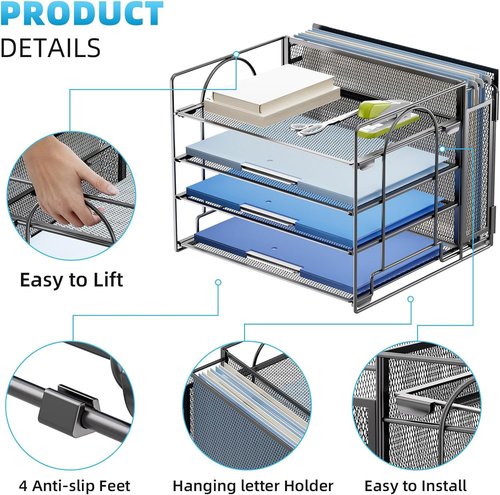 Marbrasse 4 Tier Paper Organizer Letter Tray, Desktop Organizer with Hanging File Holder, Mesh Desk File Office Supplies for Home Office (Black)