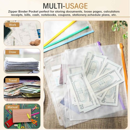 Handepo 100 Pcs Binder Pockets for 3 Ring Zippered Binder Pouches Bulk 11. 4 x 8. 66 Inch Plastic Pencil Pouches Multicolor Waterproof File Bag for Document Filing Sewing Jewelry Stationery Storage