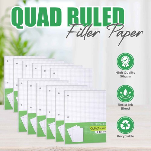 Graph Paper, Filler Paper Loose leaf Graph Paper - 8” x 10.5" - Graph Ruled, 4x4 Quad Ruled Notebook Paper, 3 Hole Punched Loose leaf Papers for 3 Ring Binders - 100 Sheets per Pack (12 Pack)