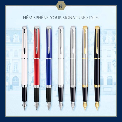 Waterman Hémisphère Fountain Pen Black with Gold Trim Medium Nib Blue Ink Gift Box