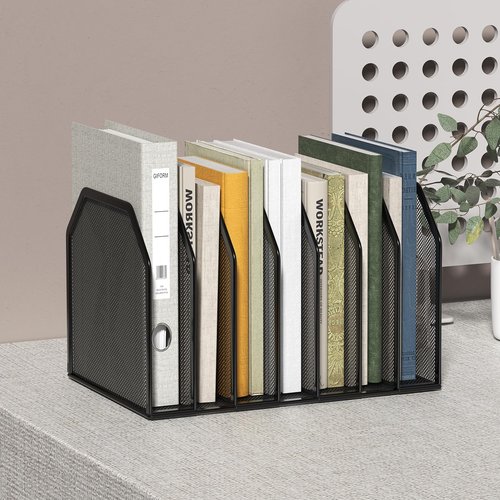 FANXIYQ Metal 7-Section File Folder Organizer for Desk | Vertical Office File Holder | Heavy-Duty Mesh Document Sorter for Books, Binders, Laptops | Black Desk Organizer (12.8”x8.5”x7.9”)