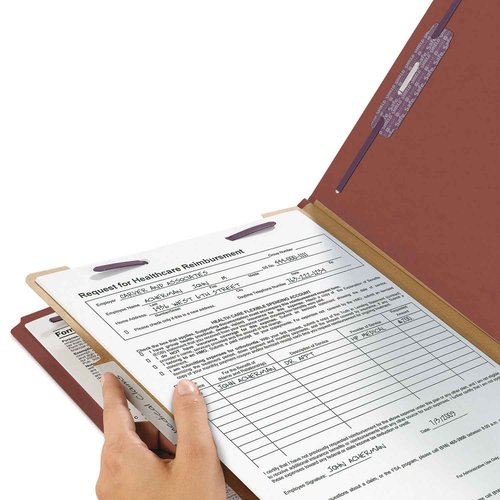 Smead Pressboard Classification File Folder with SafeSHIELD Fasteners, 1 Divider, 2" Expansion, Legal Size, Red, 10 per Box (18775)