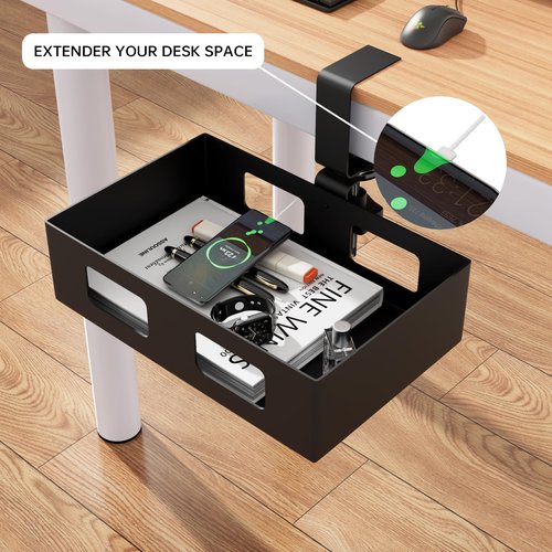 Gaxomo 2 Pack Clamp-on Swivel Organizer, Under Desk Hidden Storage Drawer with Cable Hole, Hanging Metal Basket for Extender Space