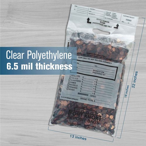 BankSupplies Poly Coin Bags 13 x 22 Inches, 50 Pack, Tamper Evident Seal, Single Handled, Holds Up to 50 lbs of Coin, Sequential Numbering with Tear Off Receipt