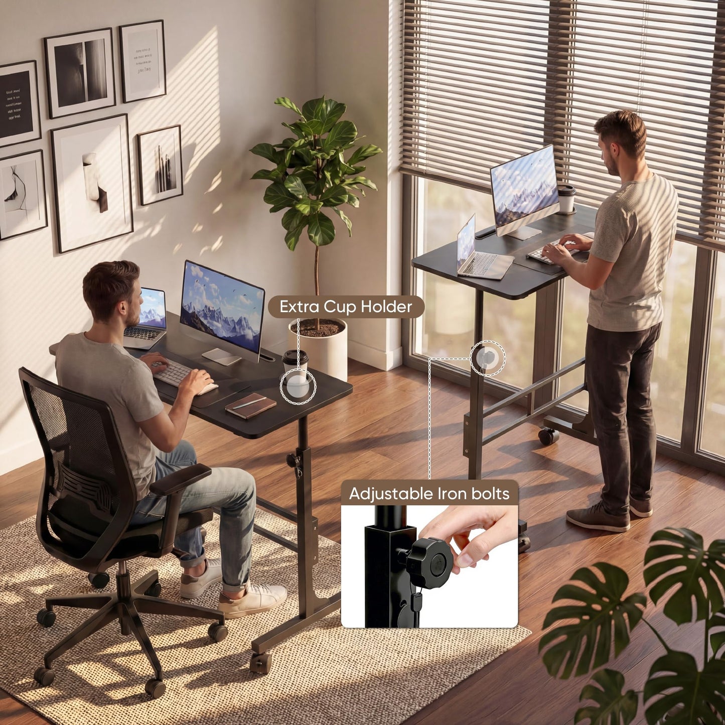 Furmax 31.4" Small Portable Standing Desk Height Adjustable with Lockable Wheels, Mobile Stand Laptop Computer Workstation for Walking Pad Treadmil (Black)