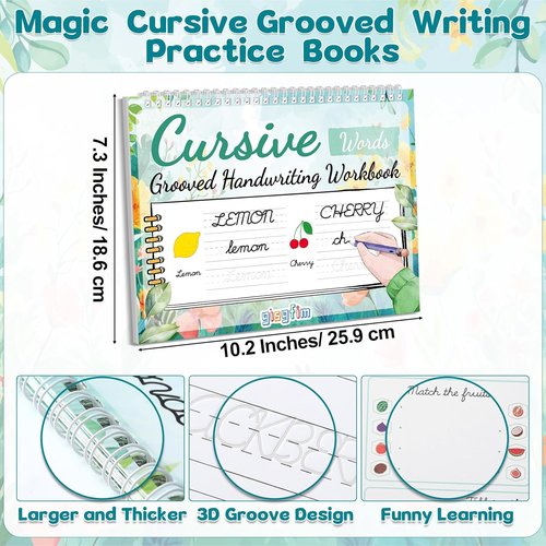 Gisgfim Grooved Cursive Handwriting Workbook - Reusable Guided Tracing for Kids | Includes Disappearing Ink Pens
