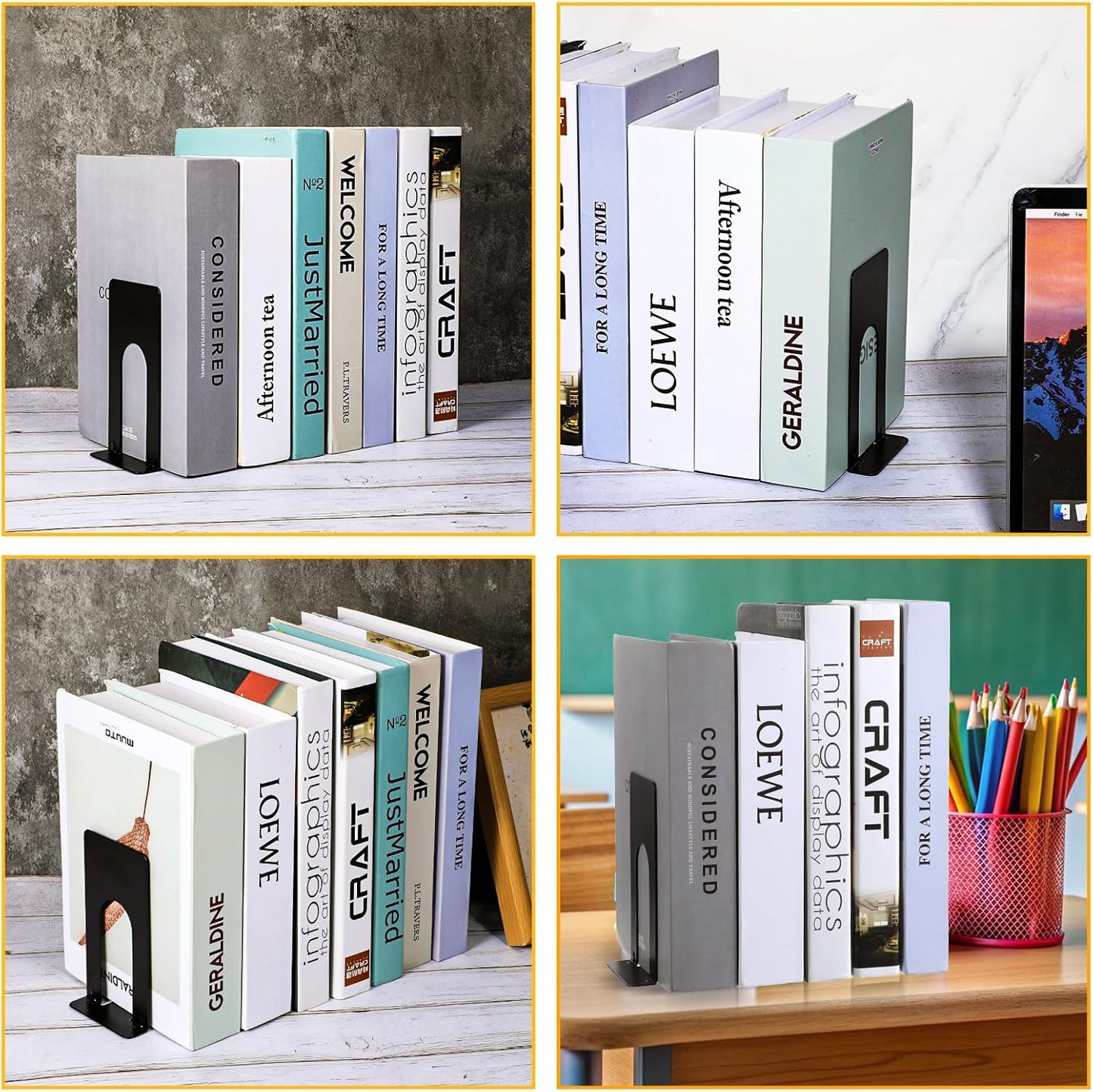 Skiennix Heavy Duty Metal Bookends - Nonskid Design for Home & Office | 10 Pairs in Black