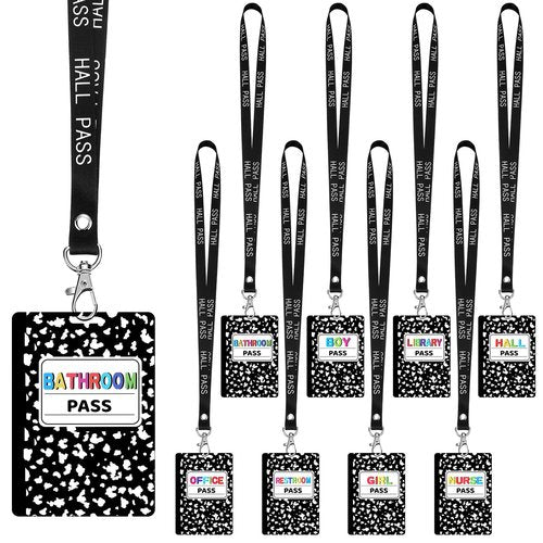 Fuyoooo 16 Pcs PVC Hall Pass Lanyards Composition Book Unbreakable Hall Passes Writeable Passes for Classrooms Bathroom Pass for Bathroom Library Office Nurse School Supplies