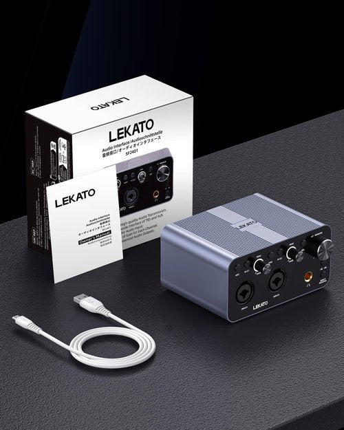 LEKATO 2i2 USB Audio Interface, 24-bit/192kHz Audio Interface with XLR, 48V Phantom Power for Smartphone Computer Recording, Streaming, Guitar, Music Production, Podcast