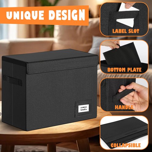 Leffis Comic Book Storage Box and 100 Count Comic Book Current Size Bags and Boards, Acid-Free Comic Backing Boards and Bags, Collapsible Comic Book Case with Carrying Handles