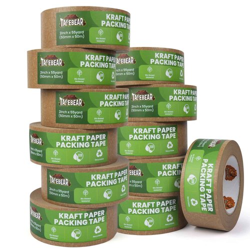 TAPEBEAR Eco-Friendly Kraft Paper Tape, Biodegradable Heavy Duty Packing Tape 2Inch x 55Yard, Recyclable Packaging Tape Self Adhesive Box Tape for Shipping, Sealing, Moving & Masking, 12Rolls