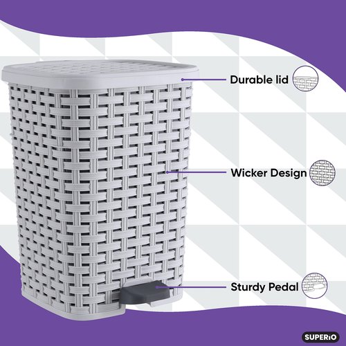 Superio Small Outdoor Trash Can with Lid for Dog Poop 3 Gallon/12 L Mini Plastic Garbage Can with Foot Pedal for Bathroom, Bedroom, Office, Patio, Wicker Smoke