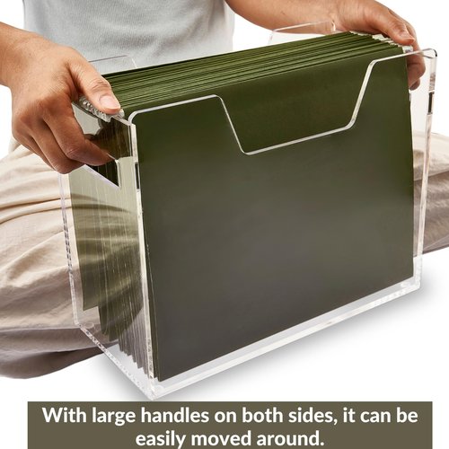 Meicloud Acrylic File Holder - Clear Hanging File Organizer Box, Modern Acrylic File Folder Organizer, Lucite Hanging File Crate Bin with handles, Transparent Desktop File Folder Box for Letter Size