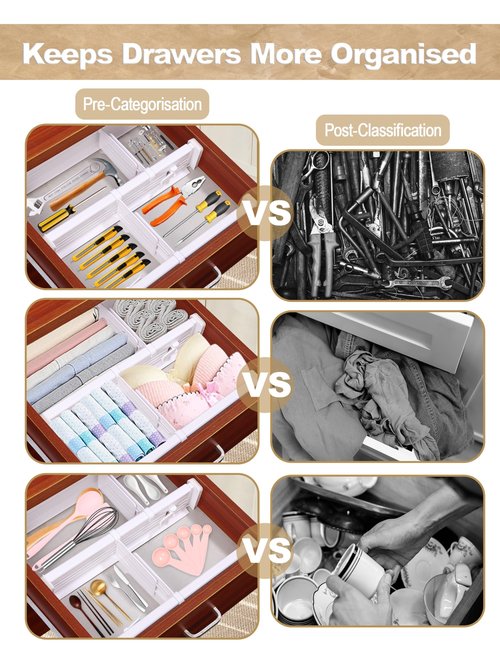 CeeVian Kitchen Drawer Dividers 4+4 Pack Drawer Divider Expandable Drawer Dividers Drawer Separators Splitter Plastic Drawers Separators for Dresser, Clothes, Kitchen and Office Storage
