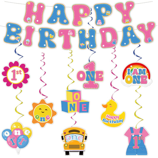 English Teacher 1st Birthday Party Decorations Cartoon Girls 1st Hanging Swirl Banner English Teacher Party Hanging Swirl Garland for Cartoon Girls Fans Baby Shower Birthday Room Supplies Decorations