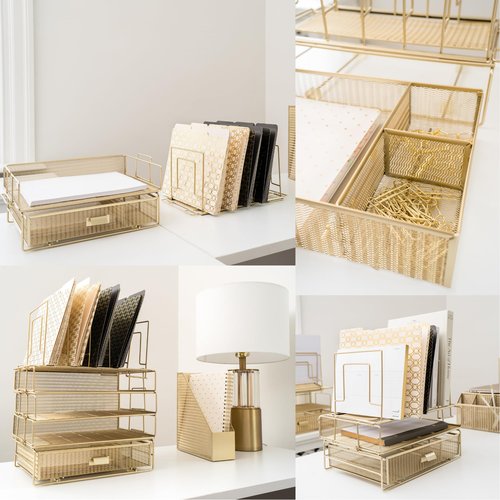 BLU MONACO Gold Desk Organizer, Gold Desk Accessories Set for Women, Includes Detachable File Organizer, Stackable Paper Tray & Drawer, Office Supplies for Desk