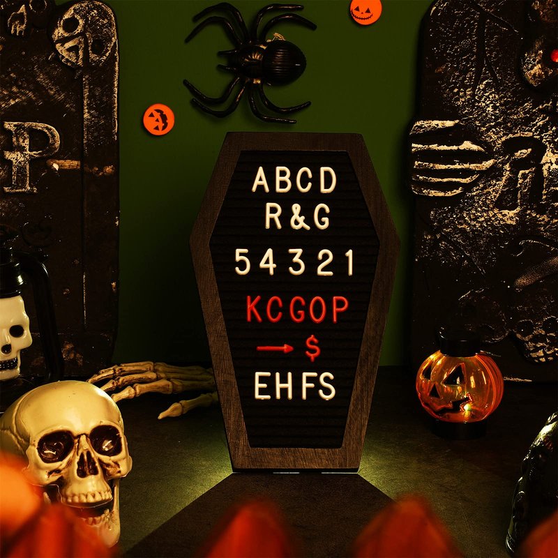 Qeeenar 2 Pieces Black Felt Coffin Letter Board Felt Changeable Letter Board with Letters and Numbers 270 Gothic Decor Message Board for Halloween Party, Home, Office, Bistro and School, 10 x 6 Inch