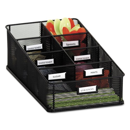 Safco 3291BL Onyx Mesh Condiment Carton Organizer 7 Compartments Break Room, Classroom Supply Organizer Steel Metal Mesh Includes Labels Black
