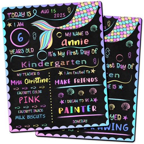First & Last Day of School Chalkboard 10 x 12 Inch Double Sided Back to School Sign for Kids/Girls/Boys Washable Chalkboard Signs for Kindergarten & Pre-K Mermaid