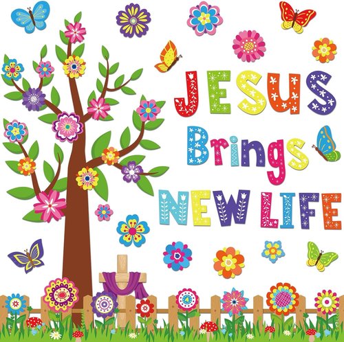 Gisgfim Christian Spring Bulletin Board Decoration Set - Religious Flower Tree Cutouts for Easter | Classroom & Home Wall Decor