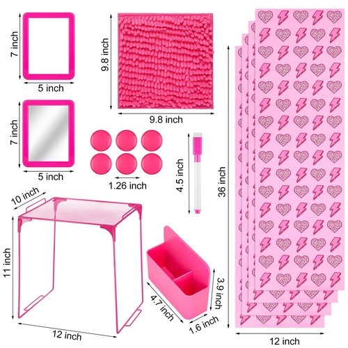 Pinkunn 16 Pcs Pink Preppy Style Locker Organizer Accessories Include Wallpaper Magnetic Whiteboard Mirror Dry Eraser Marker Rug Storage Organizing Shelf for Back to School Party(Lightning Heart)