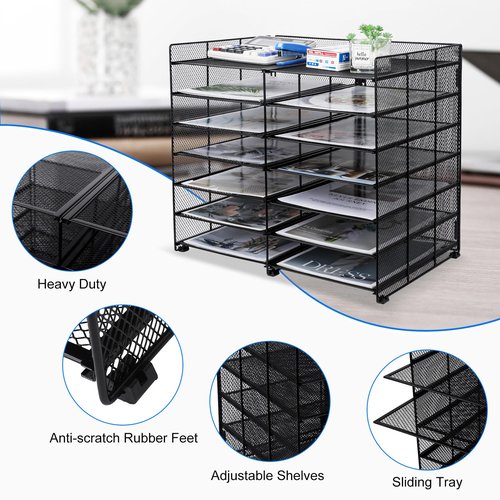 TQVAI 7-Tier Desk Paper Organizer, 12 Slots Mesh Countertop File Mail Organizer, Adjustable Sliding Shelves, Desktop Mailbox Cubbies for Office, Classroom, Black