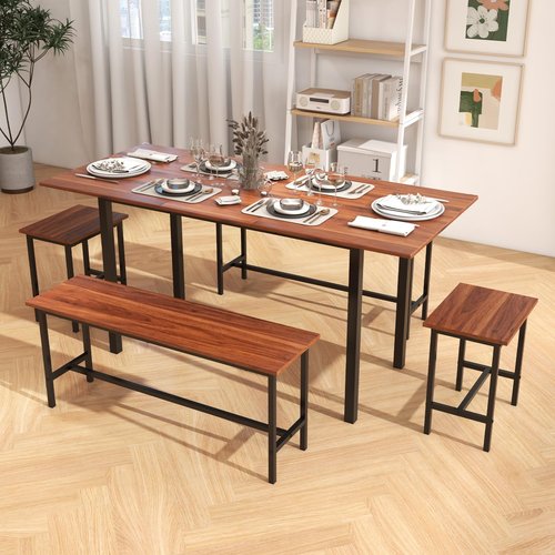 Giantex Dining Table Set for 4-6, 5-Piece Kitchen Table Chairs Set, 63” Extendable Table with 2 Benches, 2 Stools, Dinette Table Set, Breakfast Nook Table Set, Dining Room Table Set (Walnut)