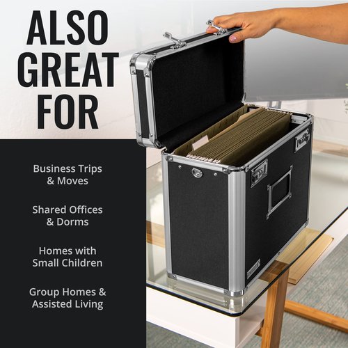 Vaultz File Organizer Storage Box - 14 x 7 x 12.19 Inch Letter Size, Portable Locking Storage Totes with Dual Combination Locks for Filing Office Documents - Black