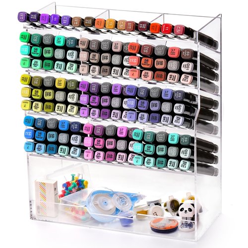 Dicunoy Desktop Pens Organizer, Acrylic Vertical Clear Art Holder for 150 Pens, 13 Compartments Angled Pen Holders for School, Office, Classroom, Stationery