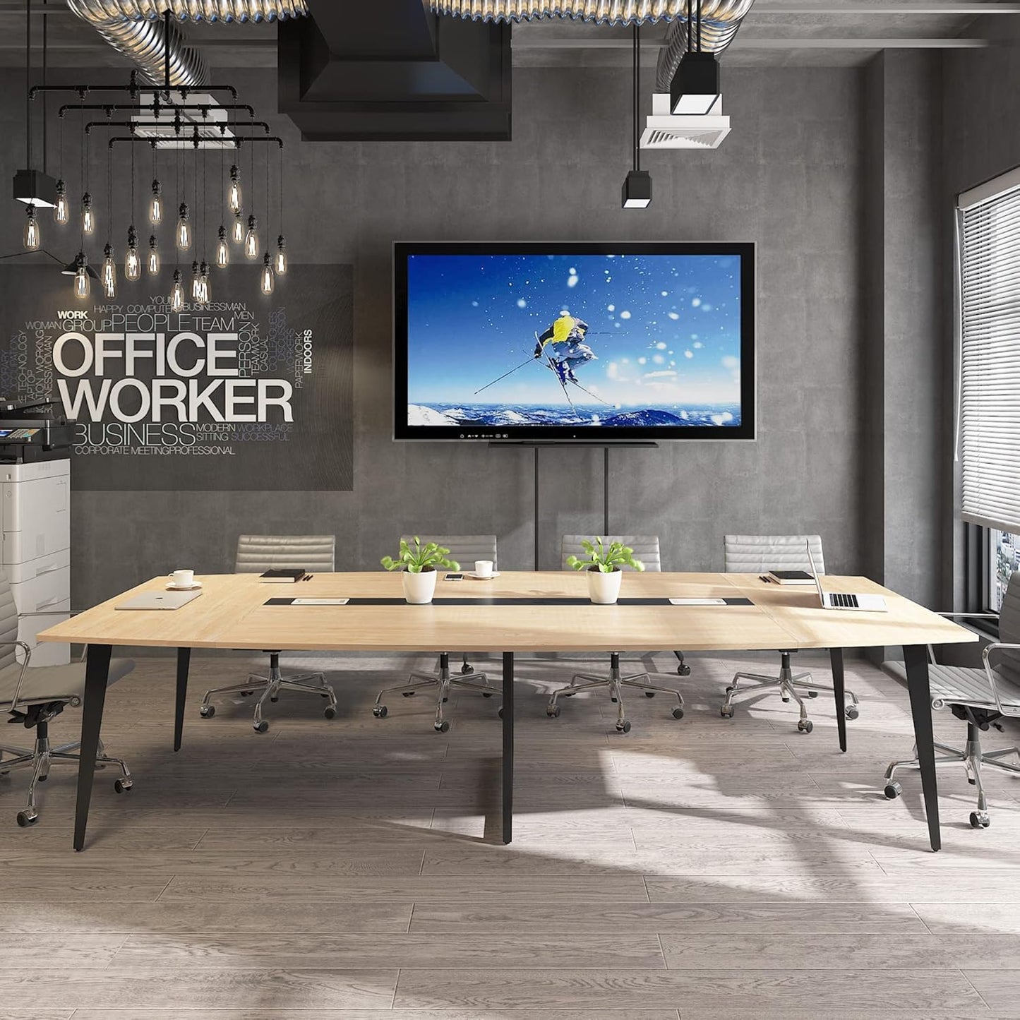 Tribesigns 8FT Conference Table - Modern Boat Shaped Meeting Table with Grommet | Light Wood Grain Finish