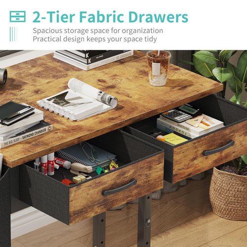 Small Portable Standing Rolling Desk - 32 Inch Adjustable Mobile Stand Up Teacher Desks with 2 Fabric Drawers on Wheels, Couch Sofa Side Laptop Table with Storage for Bedroom Home Office, Rustic Brown