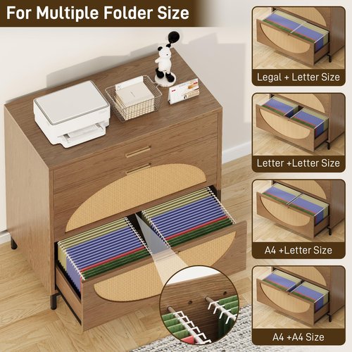 Lateral File Cabinet with 3 Drawers, Eco Rattan Wood File Cabinet for Home Office, Large Filing Storage Cabinets Printer Stand for Letter/Legal/A4 Size Hanging File