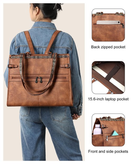 FADEON Laptop Bag for Women Designer PU Leather Large Tote Bags Packpack Purses with 15.6 Laptop Compartment Travel Shoulder Handbag Brown