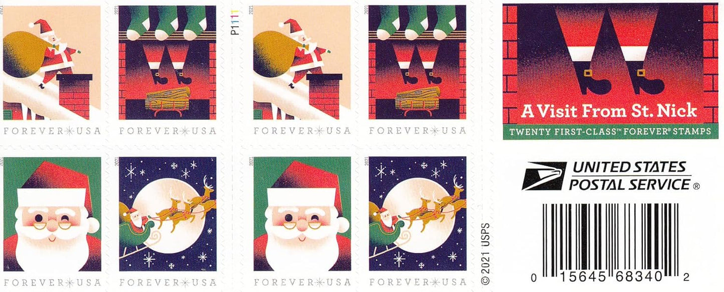 USPS Forever Stamps - A Visit from St. Nick Booklet | 20 First Class Stamps (2 Booklets, 40 Total)