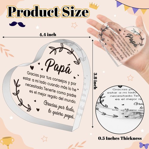 Yopyame Spanish Dad Birthday Gifts - Regalos para Papá Heart Acrylic Plaque for Office Desk Decor Keepsake Paperweights Gifts for Dad in Spanish Christmas Father's Day Gifts for Dad from Daughter Son
