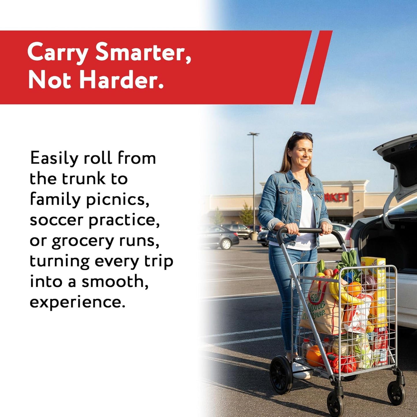 **dbest Products Cruiser Cart Deluxe - Heavy-Duty Foldable Shopping Cart with Wheels & Brake - 100 lbs Capacity, Silver Alloy Steel**