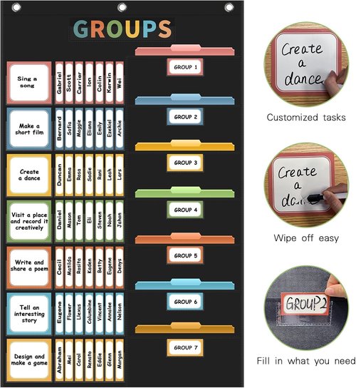 REGELETO Boho Classroom Pocket Chart - Large 46 x 26.3 Inch Organizer with 114 Cards for Teachers