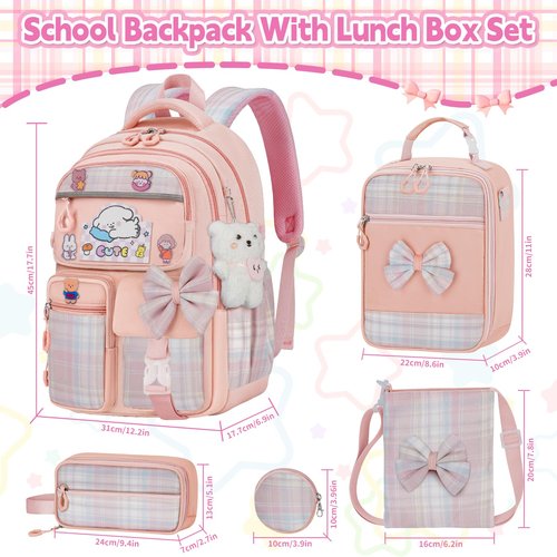 LEWKANA Girls Backpack with Lunch Box Set, 5pc Pink Cute Kawaii Bookbag for Teens, Aesthetic School Backpack for Elementary