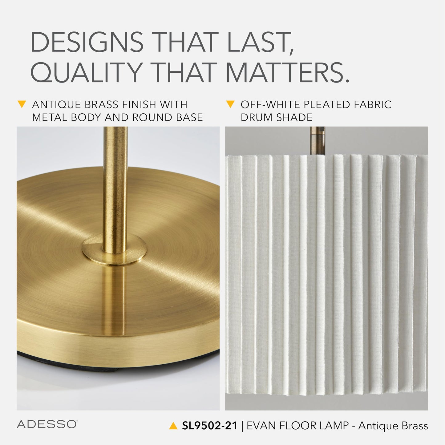 Adesso Antique Brass Floor Lamp with White Pleated Lampshade – 3-Way Modern Accent Light for Bedroom, Living Room, and House Décor, 60” Tall