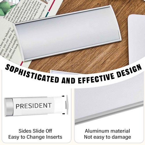 Therwen 25 Pcs Aluminum Office Name Plate Holder for Door Wall Mount 8'' x 3'' Business Sign Holder Office Door Sign Sturdy Curved with Plastic Film and Adhesive Tape (Silver)