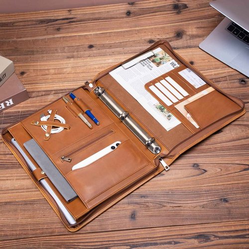 Geslun Genuine Leather Portfolio 3 Ring Binder with Clipboard, Hidden Handle, 8.5 x 11 Zippered Padfolio, Business Organizer Professional Executive Folio for Men and Women, Brown