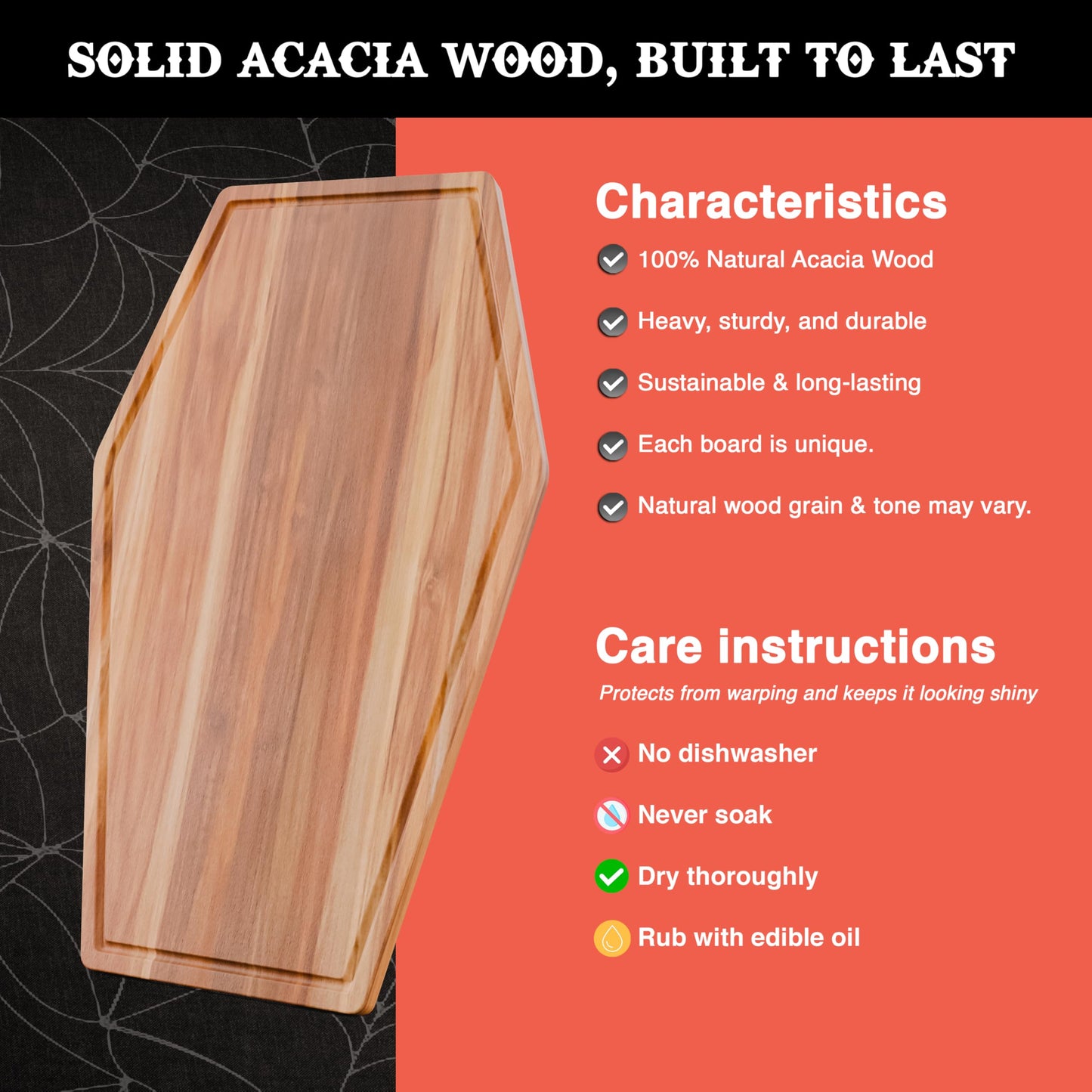 New - Giant Coffin Charcuterie Board - Extra Large Gothic Acacia Wood Coffin Shaped Cutting Board 23.5x14.5 inch, Halloween Wooden Serving Tray, Goth Platter, Spooky Decor Gifts