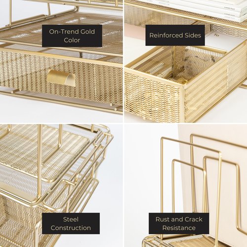 BLU MONACO Gold Desk Organizer, Gold Desk Accessories Set for Women, Includes Detachable File Organizer, Stackable Paper Tray & Drawer, Office Supplies for Desk