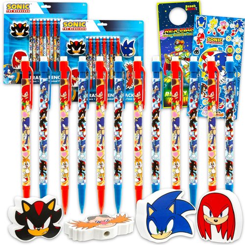 Sonic Mechanical Pencils and Erasers Party Favors Bulk, 20 Pencils and 8 Erasers for Goodie Bags, Loot Bags, Classroom Prizes Plus More | Sonic Party Supplies Kids, Boys, Girls