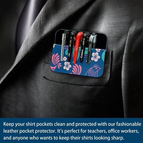 Leather Pocket Protector for Men: 2 Pack Multi Purpose pocket protectors for shirts - Floral and Bird Pattern Pocket Protector for Lab Coats | Pocket Pen Holder Accommodates Work Tools Such as Pens